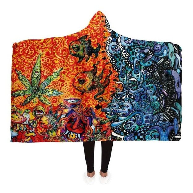 Blue Orange Sea Hooded Blanket - Hooded Blanket - Artist, Cannabis, Colorful, Kamal MishMish, Kmish, KMish213, MishMish, Psychedelic, Sea Life, Trippy, Unique Art - Wrinkled Minds Wardrobe