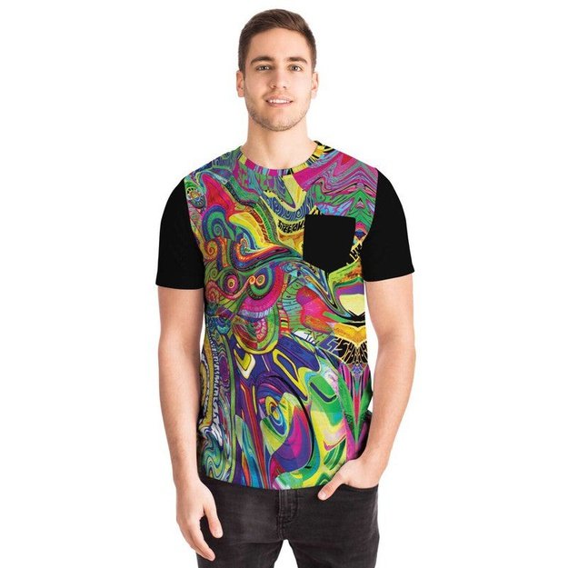 Spiral Shroom Color T-Shirt - Pocket T-shirt - Artist, Colorful, Kamal MishMish, Kmish, KMish213, MishMish, Pocket T-Shirt, Psychedelic, T Shirt, Trippy, Unique Art - Wrinkled Minds Wardrobe