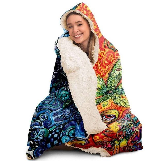 Blue Orange Sea Hooded Blanket - Hooded Blanket - Artist, Cannabis, Colorful, Kamal MishMish, Kmish, KMish213, MishMish, Psychedelic, Sea Life, Trippy, Unique Art - Wrinkled Minds Wardrobe